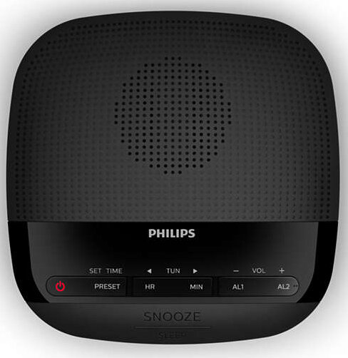 Czarny budzik Philips z głośnikiem, przyciskami i wyświetlaczem z przodu.