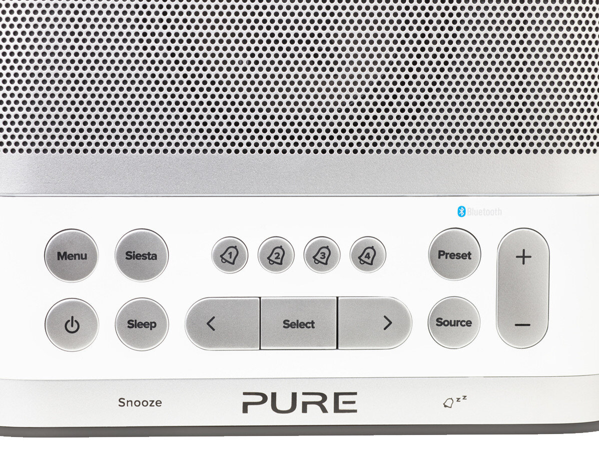 Budzik Pure z przyciskami menu, uśpienia, drzemki i bluetooth.