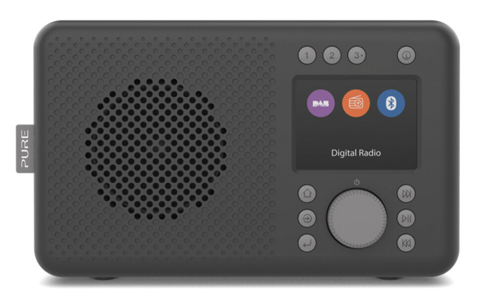 Ciemnoszare radio cyfrowe Pure z ekranem, przyciskami i głośnikiem.