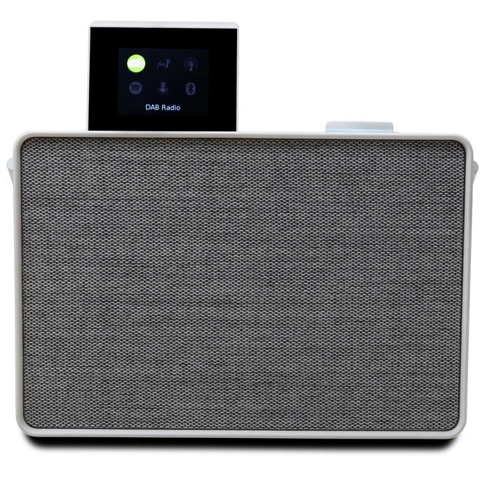 Radio DAB z ekranem. Szary głośnik z przyciskami.