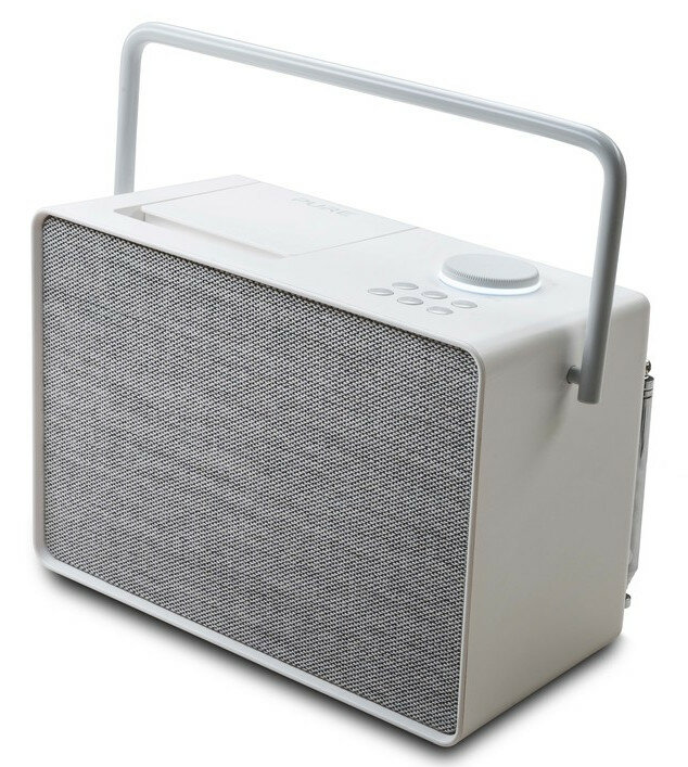 Białe radio z uchwytem i kratką głośnika. Pokrętło głośności i przyciski na górze.