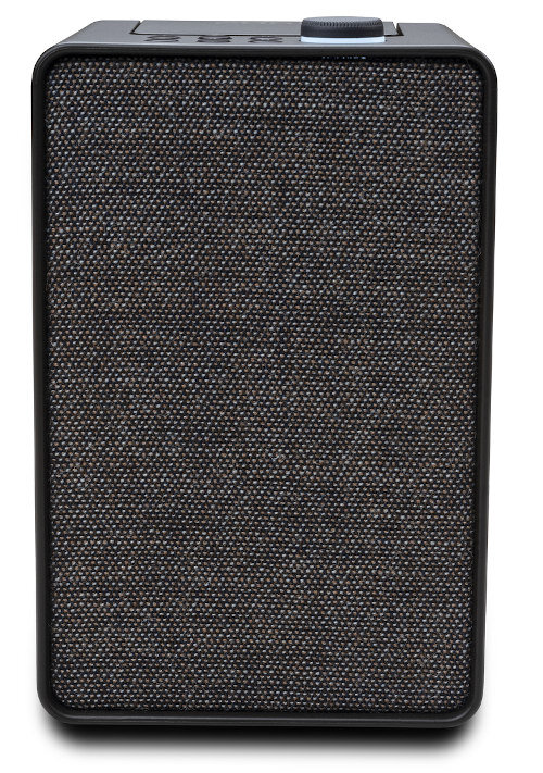 Mały, prostokątny głośnik z teksturowanym przodem z tkaniny i czarną ramką.