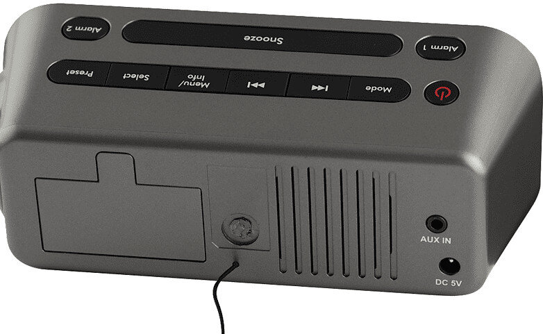 Szary budzik z przyciskami i wyświetlaczem, pokazujący szczegóły.