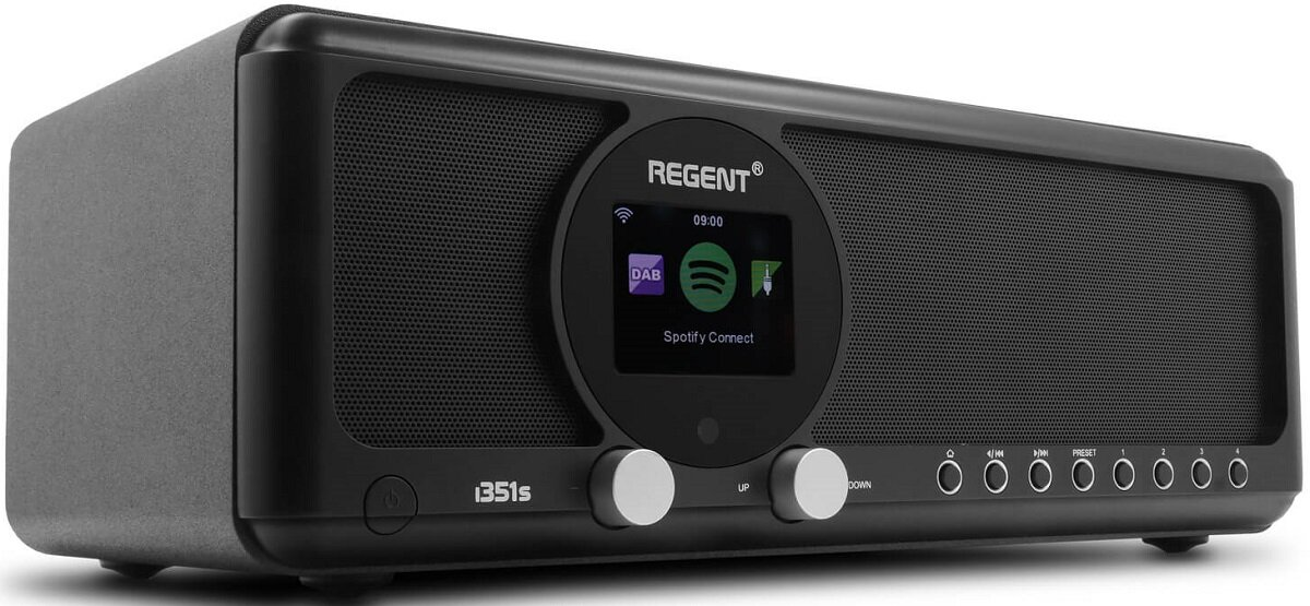 Czarny radio Regent z wyświetlaczem pokazującym Spotify Connect i elementy sterowania. Ciemny motyw.