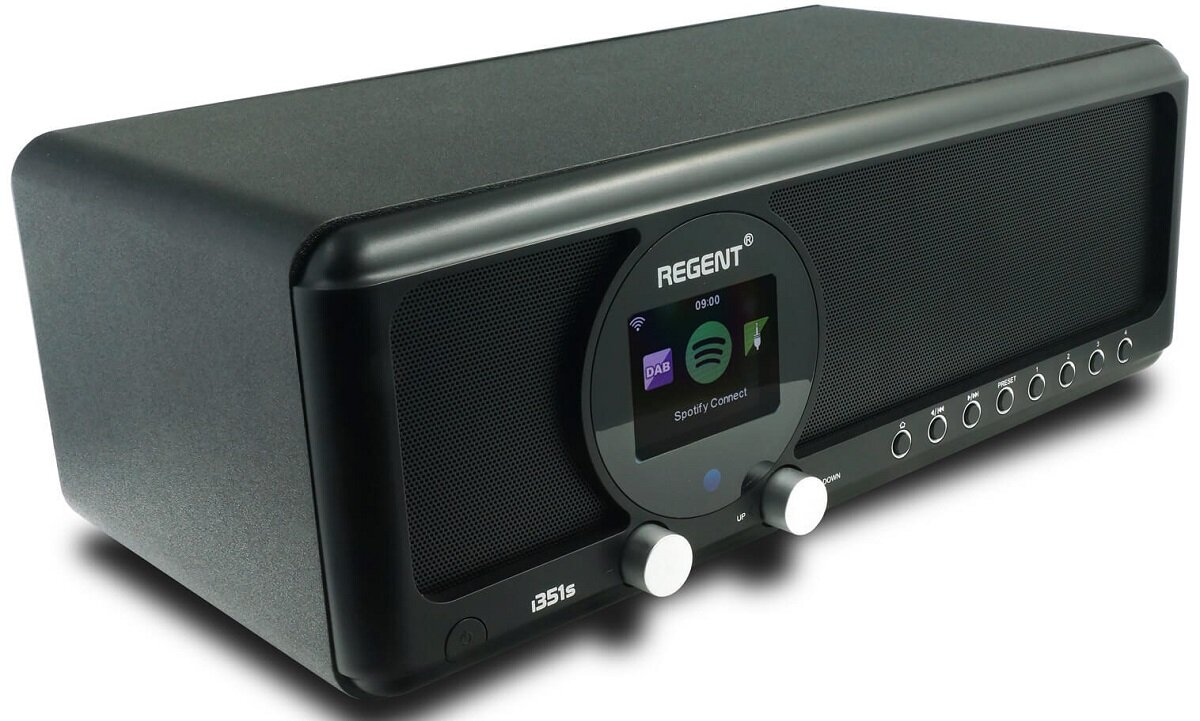 Czarny radio marki Regent z ekranem i przyciskami.