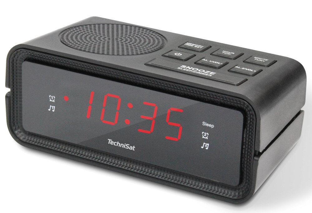 Czarny cyfrowy budzik TechniSat z czerwonym wyświetlaczem cyfrowym.