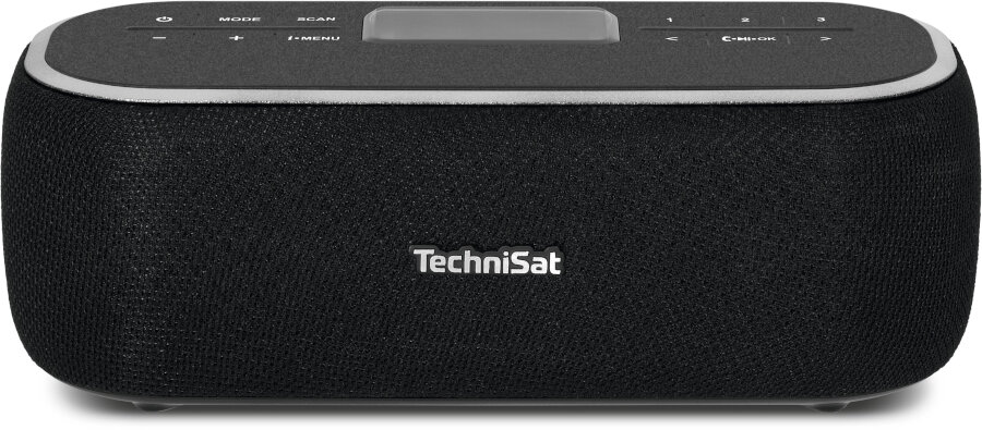 Czarny głośnik TechniSat z przyciskami i wyświetlaczem na górze.