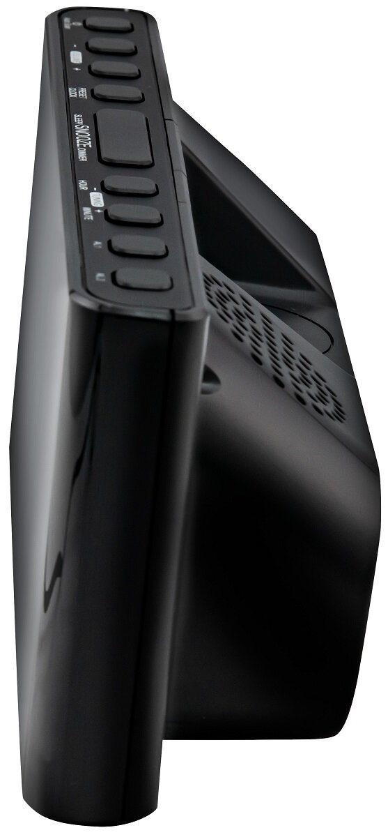 Czarne, kątowe urządzenie z przyciskami z boku. Ciemny, prostokątny ekran na pochylonej powierzchni.