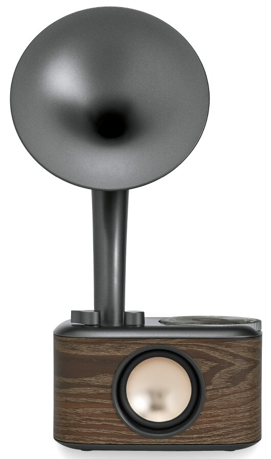 Głośnik w stylu vintage z rogiem na górze, drewnianą podstawą i złotym głośnikiem z przodu.