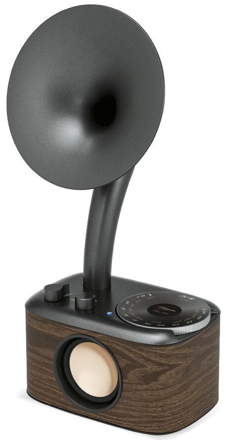 Radio w stylu vintage z głośnikiem tubowym i drewnianą podstawą.