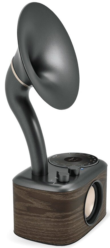 Głośnik w stylu gramofonu z dużą tubą, ciemnoszarym korpusem i drewnianą podstawą.