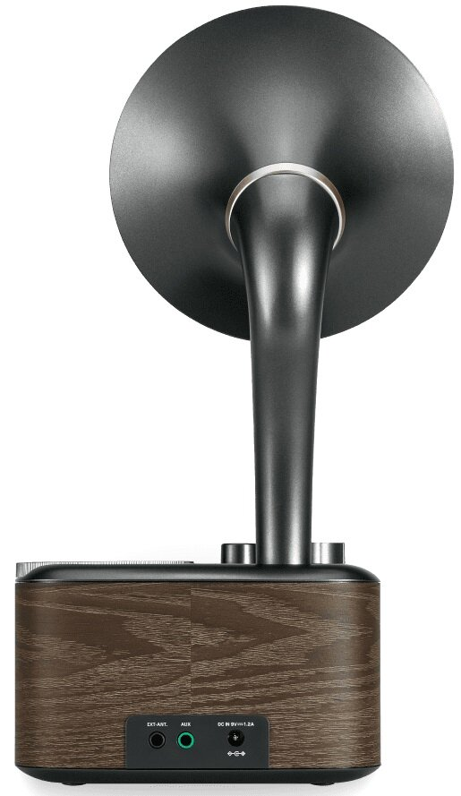 Głośnik gramofonowy w stylu vintage z ciemnym rogiem i drewnianą podstawą.