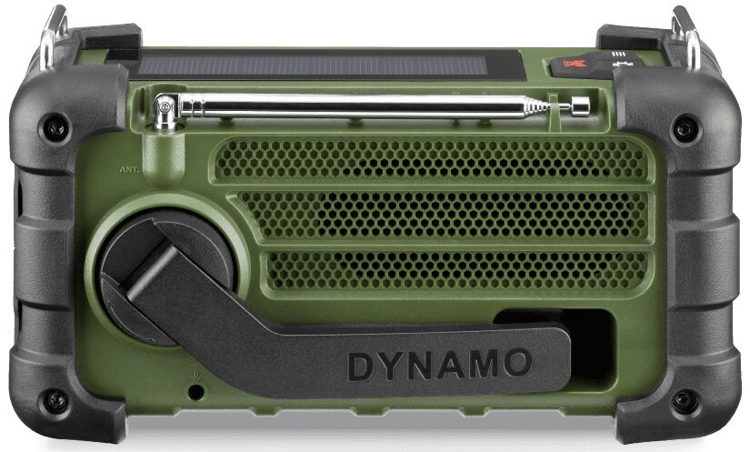 Zielone i czarne przenośne radio z panelem słonecznym i anteną.