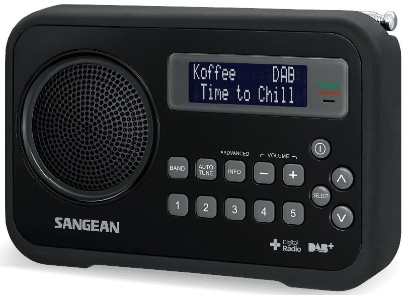 Czarny radio cyfrowe z wyświetlaczem pokazującym 'Time to Chill'. Ma przyciski i głośnik.