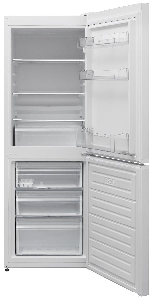 Biała lodówka z otwartymi drzwiami. Wnętrze pokazuje półki, szuflady i przegrody.