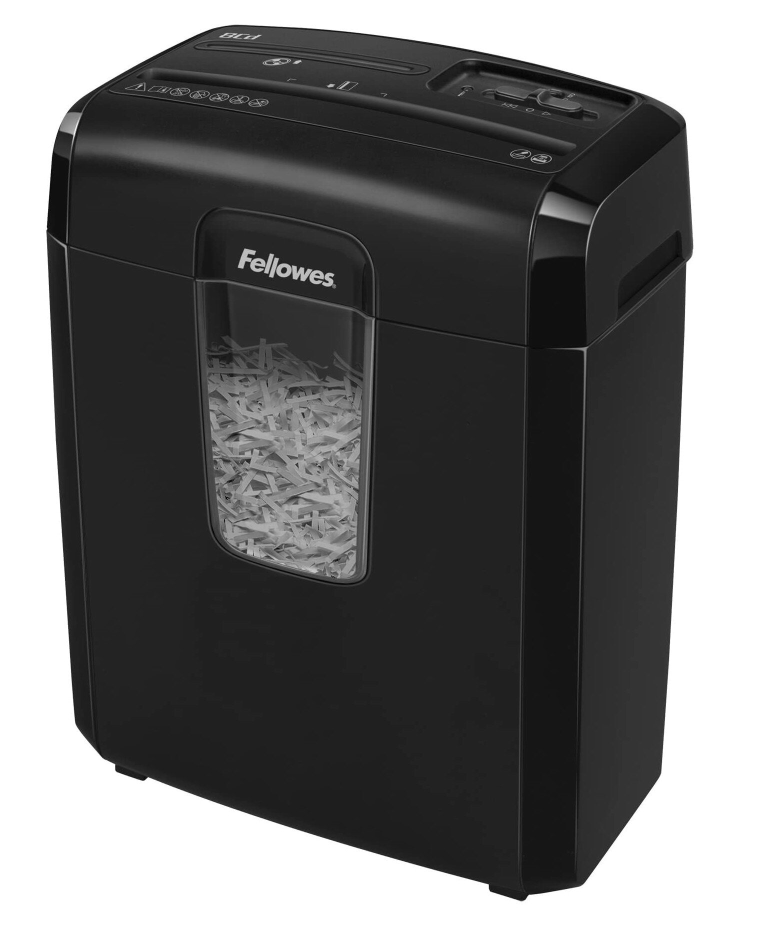 Czarna niszczarka do papieru z przezroczystym oknem pokazującym pocięty papier.