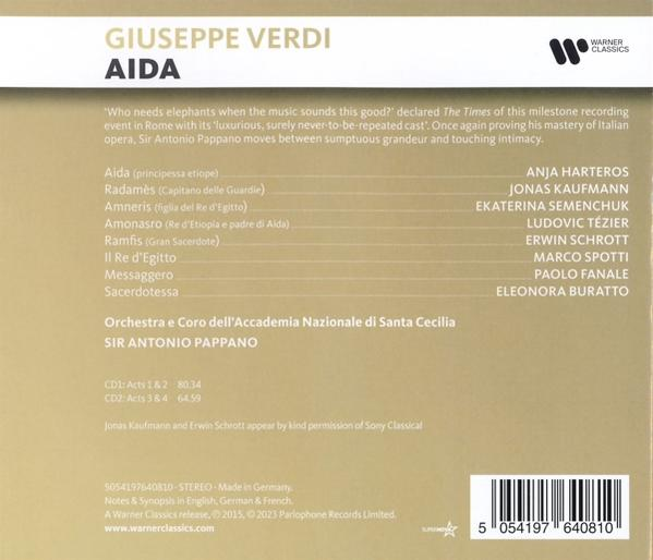 Rückseite eines CD-Covers für Giuseppe Verdis Aida, mit Besetzung und Credits.