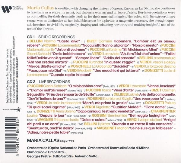 Ein gedrucktes Dokument mit Text, der Songs und Credits im Zusammenhang mit Maria Callas auflistet, mit klassischem Design.