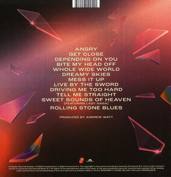 Albumcover mit Songtiteln. Rote, rosa und klare geometrische Formen im Hintergrund.