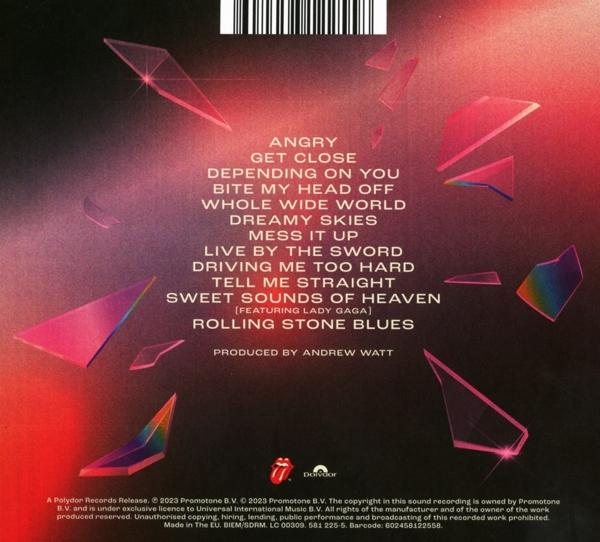 Rückseite des Rolling Stones Albums. Songtitel und Credits sind mit lebendigen Bildern aufgelistet.