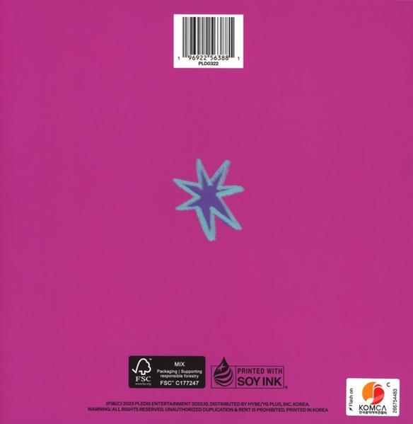 Ein pinkfarbener Hintergrund mit einer blauen Sternzeichnung und einem Barcode, Text und Logos.