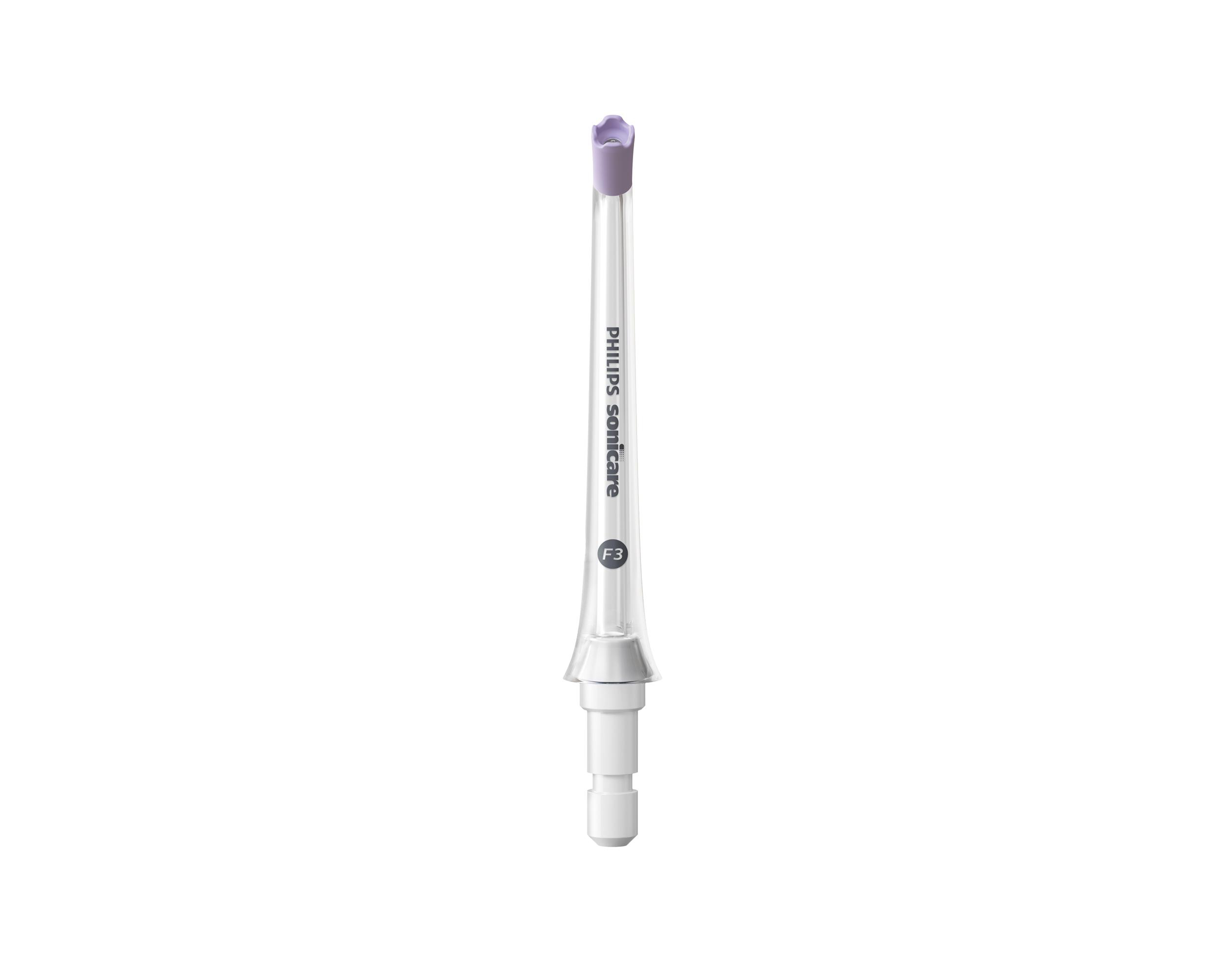 Ein weißer und klarer Philips Sonicare Zahnbürstenkopf mit lila Spitze.