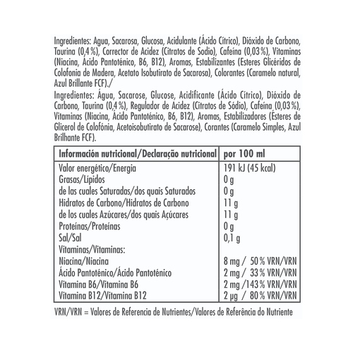 Tabla de información nutricional. Enumera ingredientes y valores nutricionales por 100 ml.