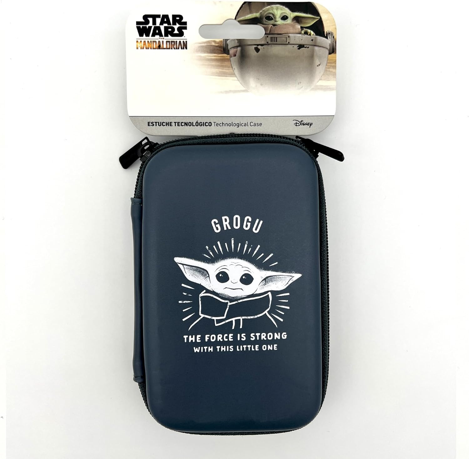 Una funda de Star Wars Grogu (Baby Yoda). Es azul con la imagen y el texto de Grogu en ella.