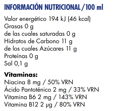 Tabla de información nutricional que muestra vitaminas y valores energéticos.