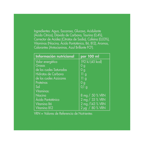 Información nutricional de una bebida sobre fondo verde. La información está en español.