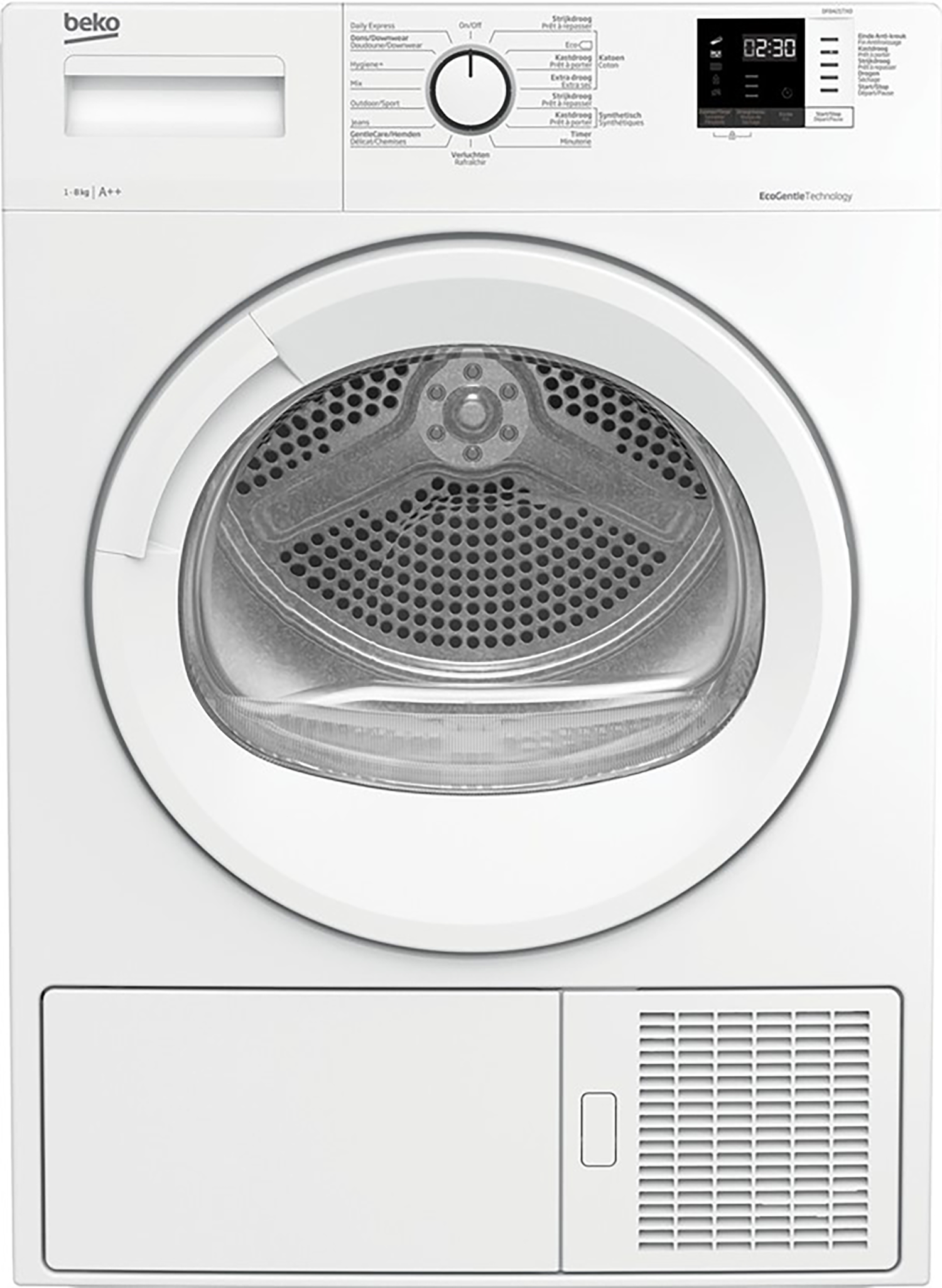 Een witte wasmachine met een ronde deur en bedieningspaneel, op een witte achtergrond.