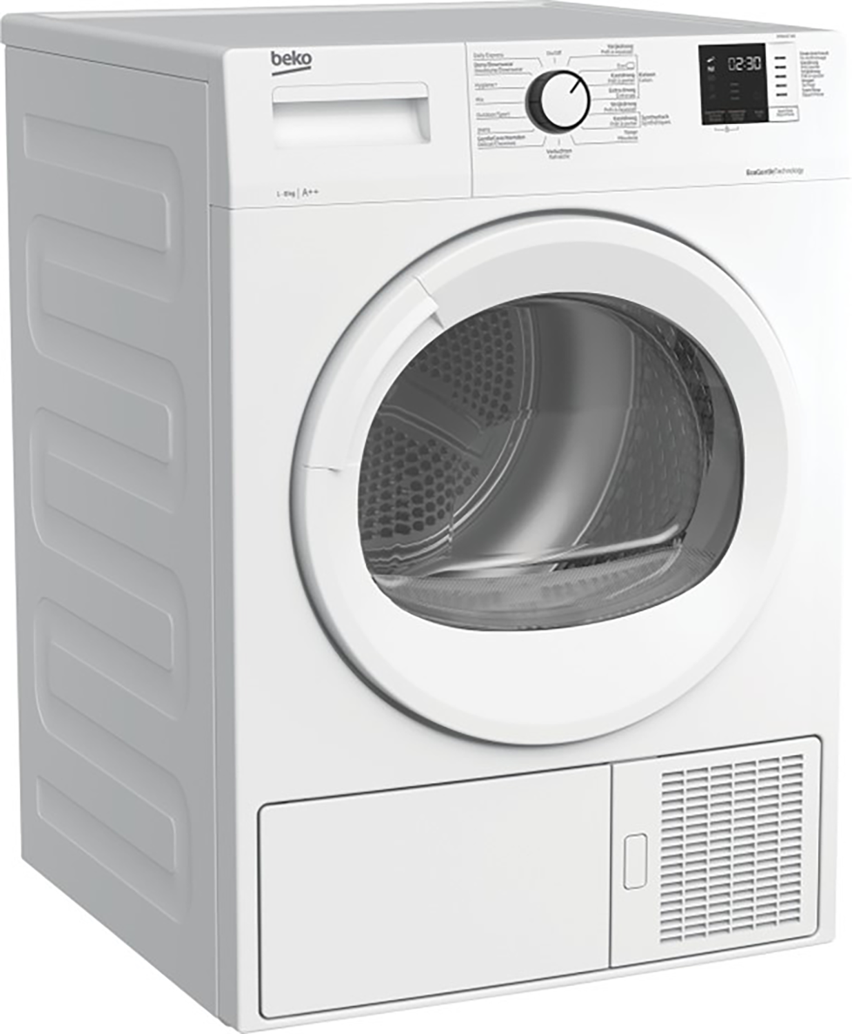 Een witte droger met een ronde deur en bedieningspaneel, met het Beko-logo.