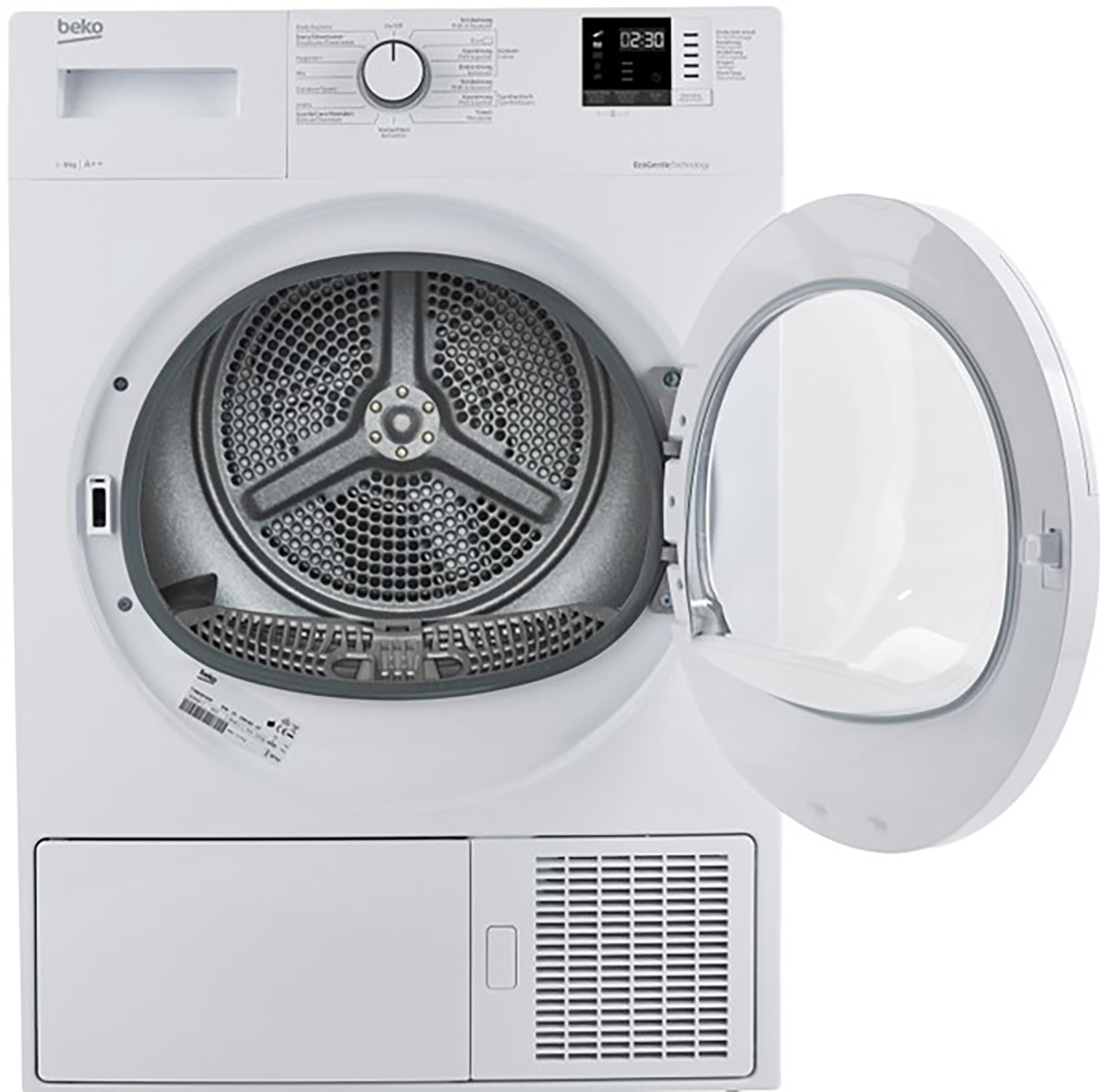 Een witte wasmachine met de deur open, met de trommel en het bedieningspaneel.