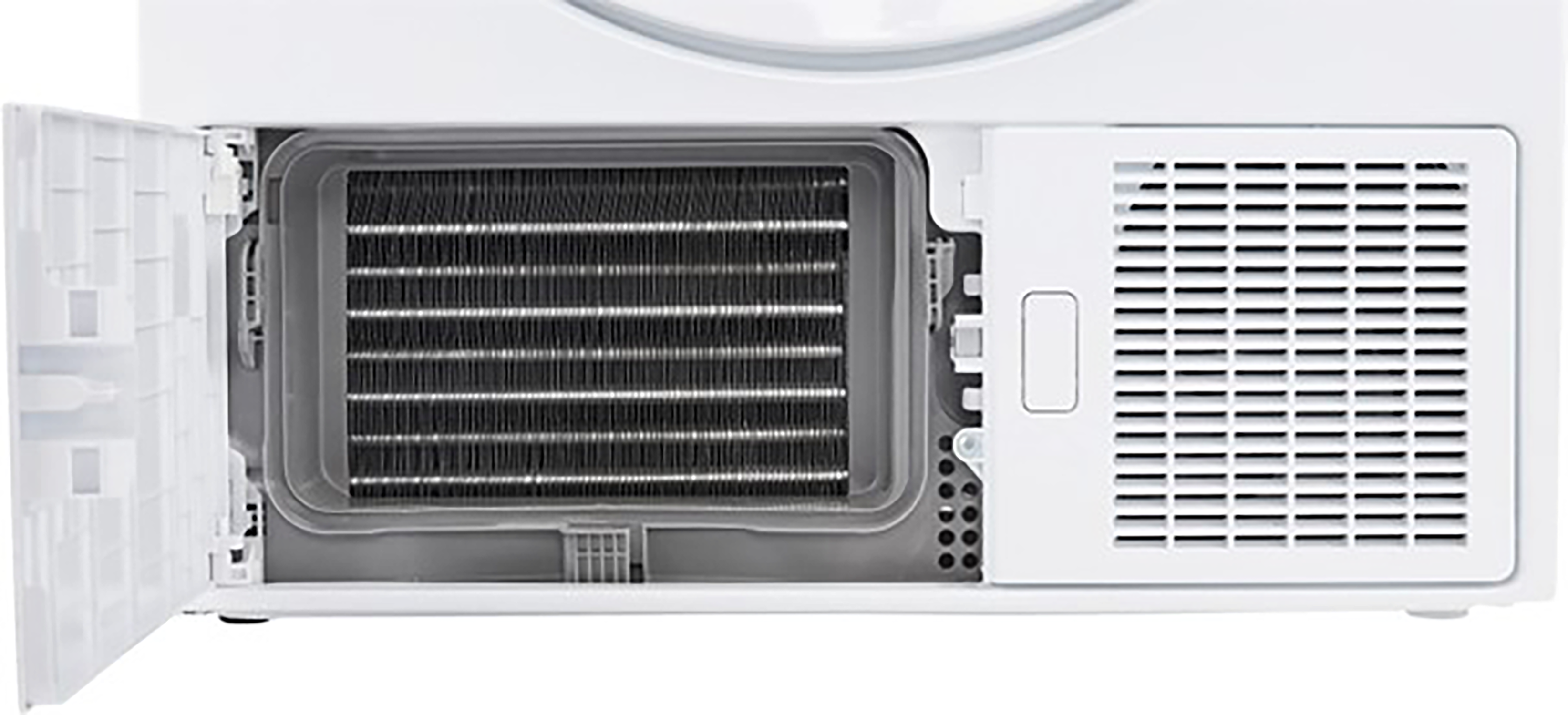 De binnenkant van een witte droger met een pluizenfilter en een ventilator.