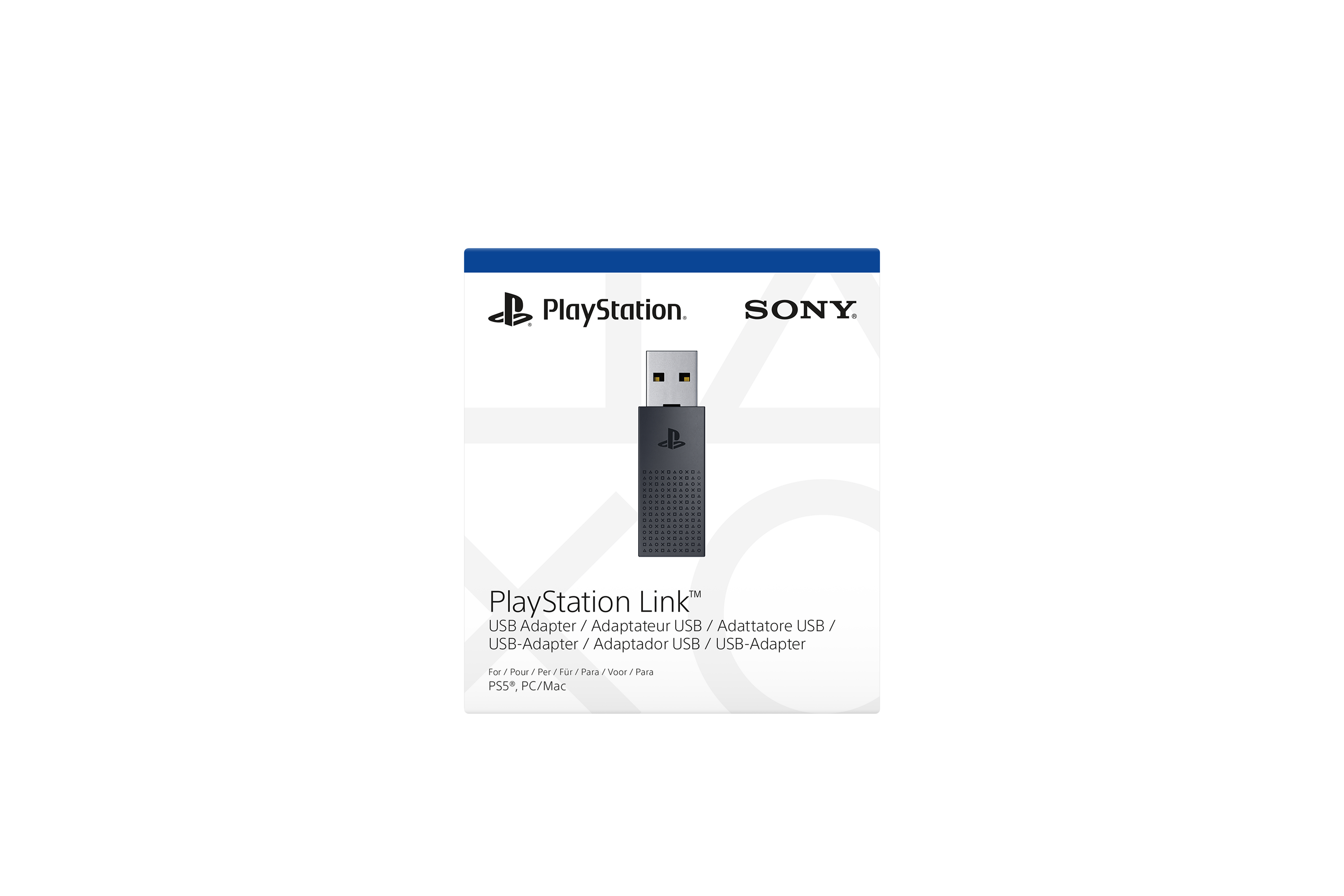 PlayStation Link USB-Adapter in einer weiß-blauen Box, weißer Hintergrund.