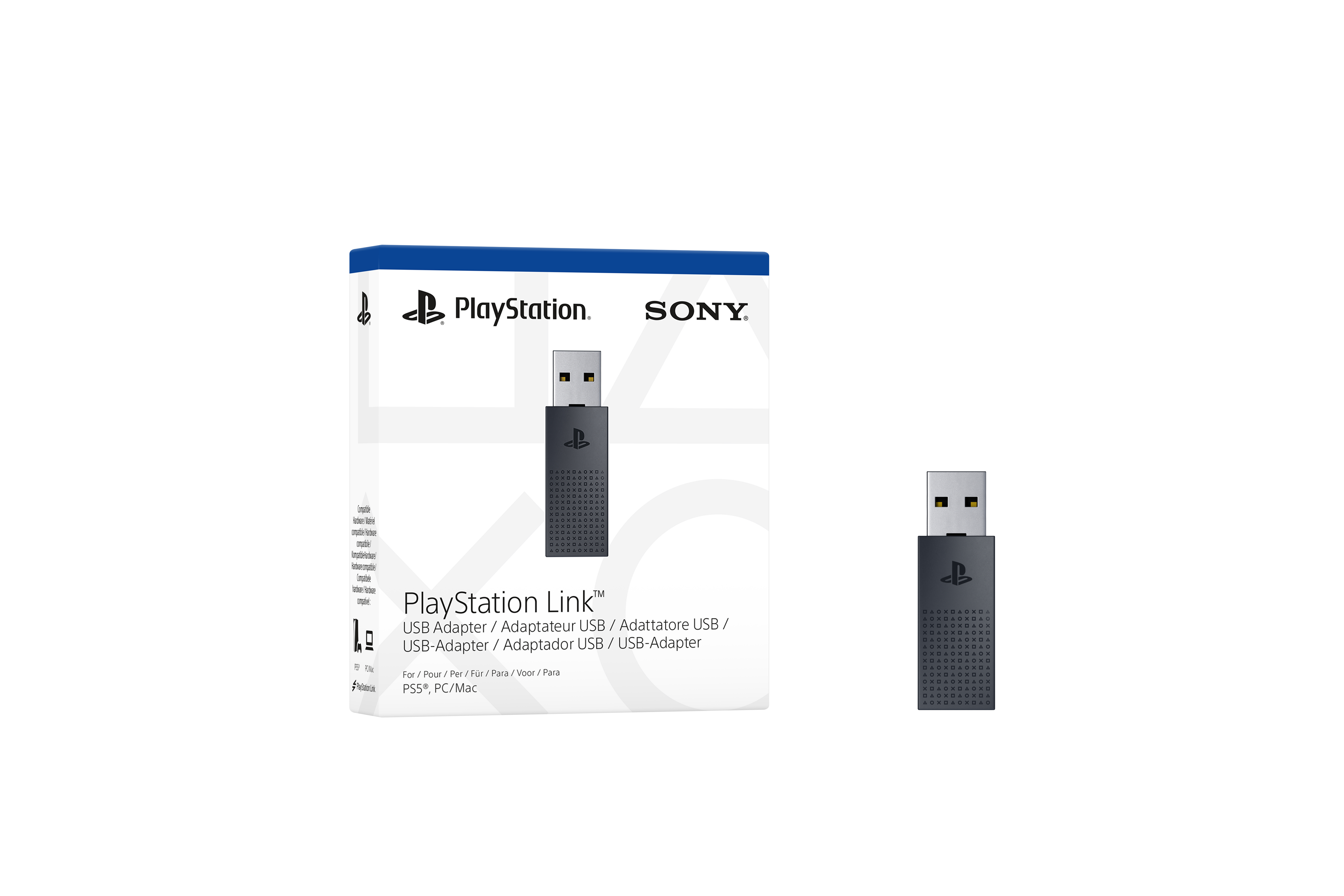 Ein PlayStation Link USB-Adapter und seine Box. Der Adapter ist schwarz und hat einen USB-Anschluss.