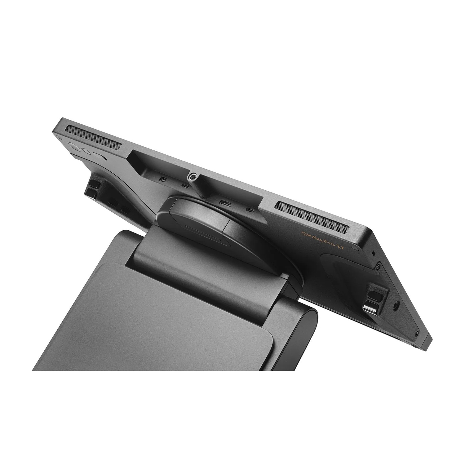 Un tablet grigio su un supporto. Lo schermo è rivolto all'indietro.
