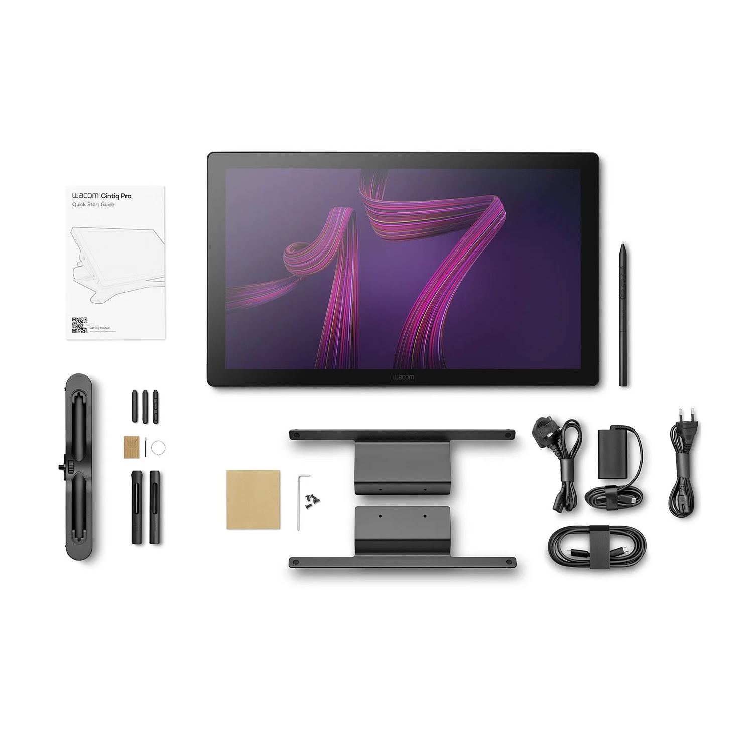 Tablet Wacom Cintiq Pro 17 con accessori, tra cui penna e supporto.