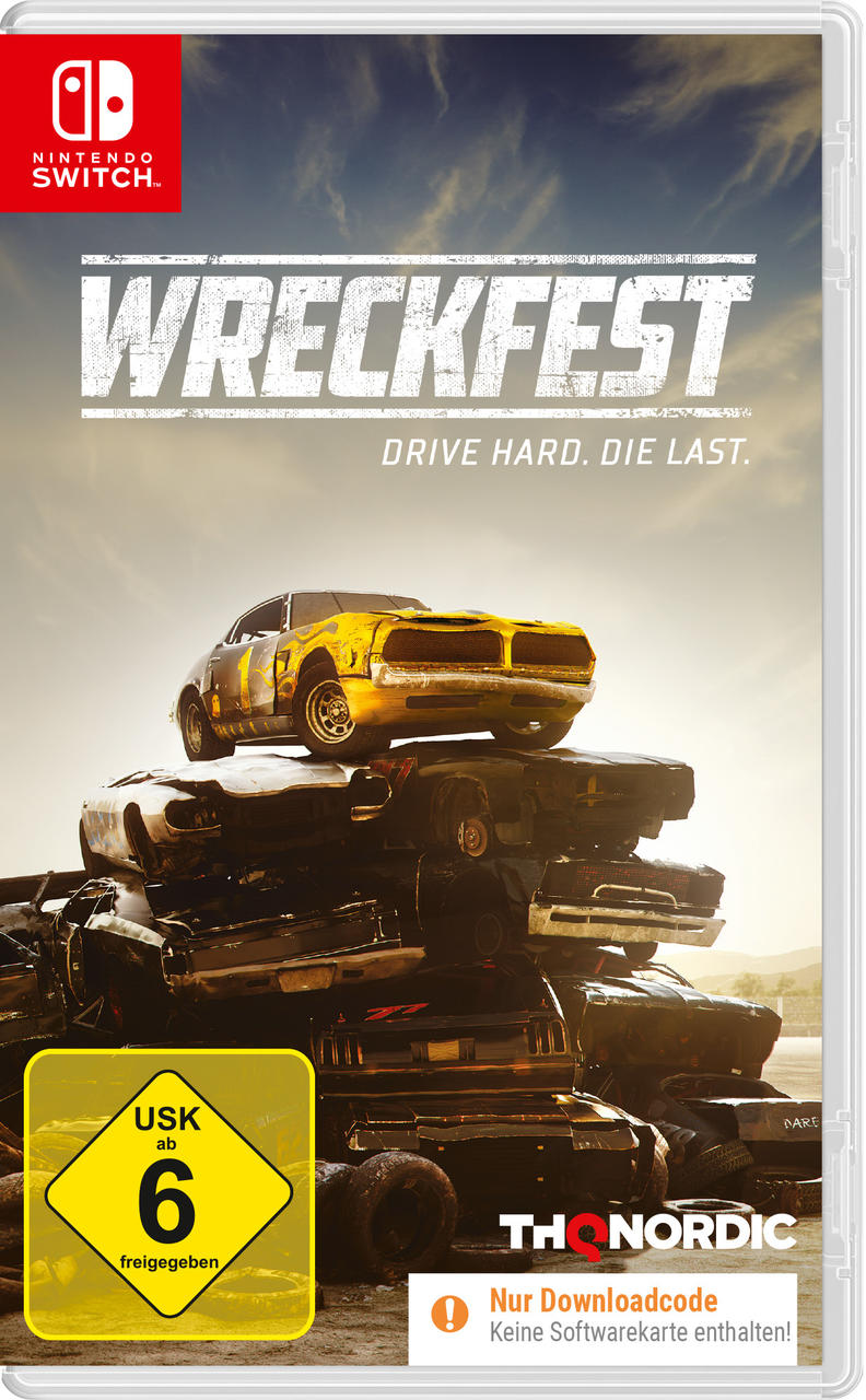 Videospielbox: Wreckfest, mit gelbem Auto auf einem Haufen zerstörter Autos. USK-Bewertung sichtbar.