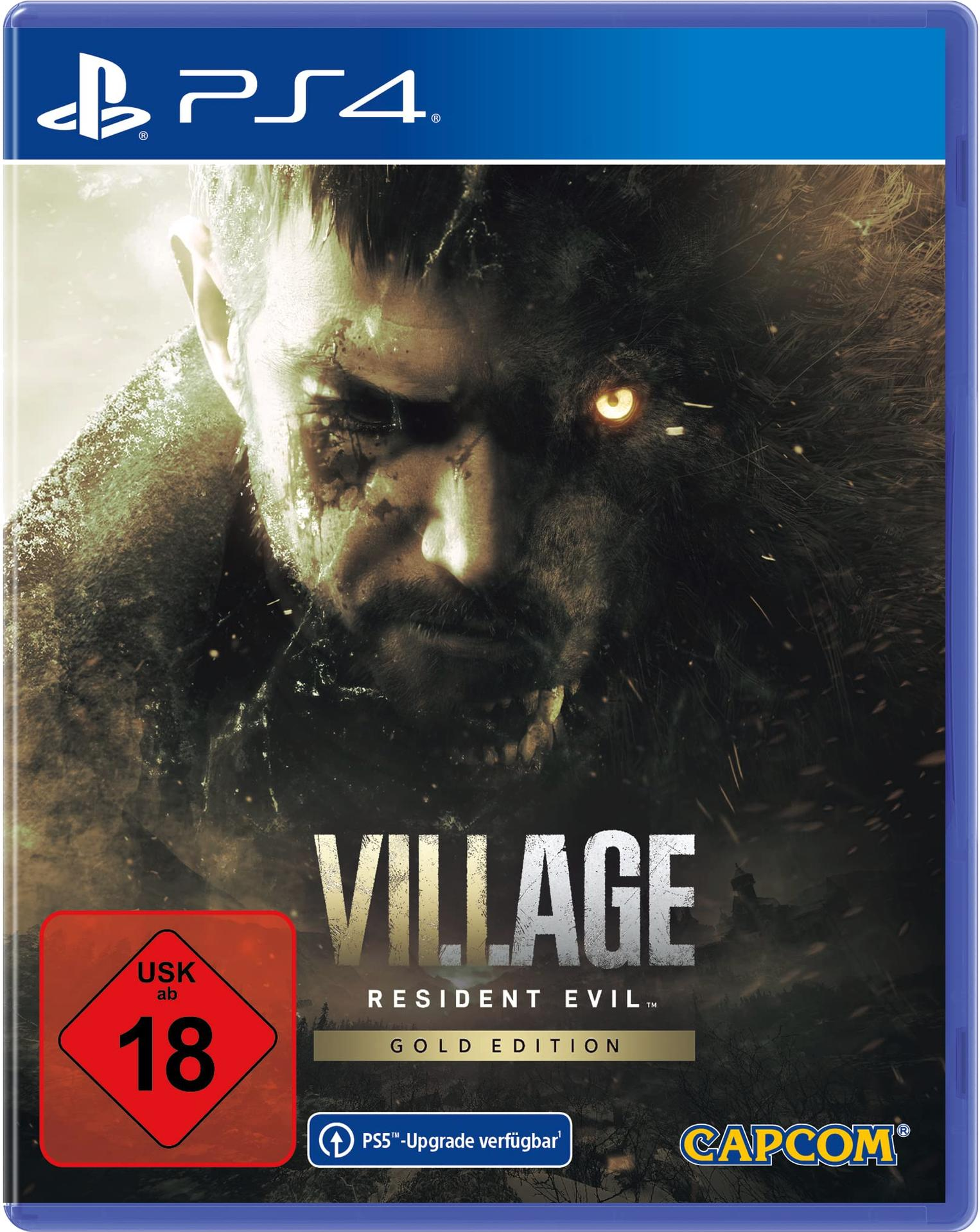 PS4-Spielcover: Resident Evil Village: Gold Edition. Mann-Wolf-Hybrid auf dem Cover, USK 18 Logo.
