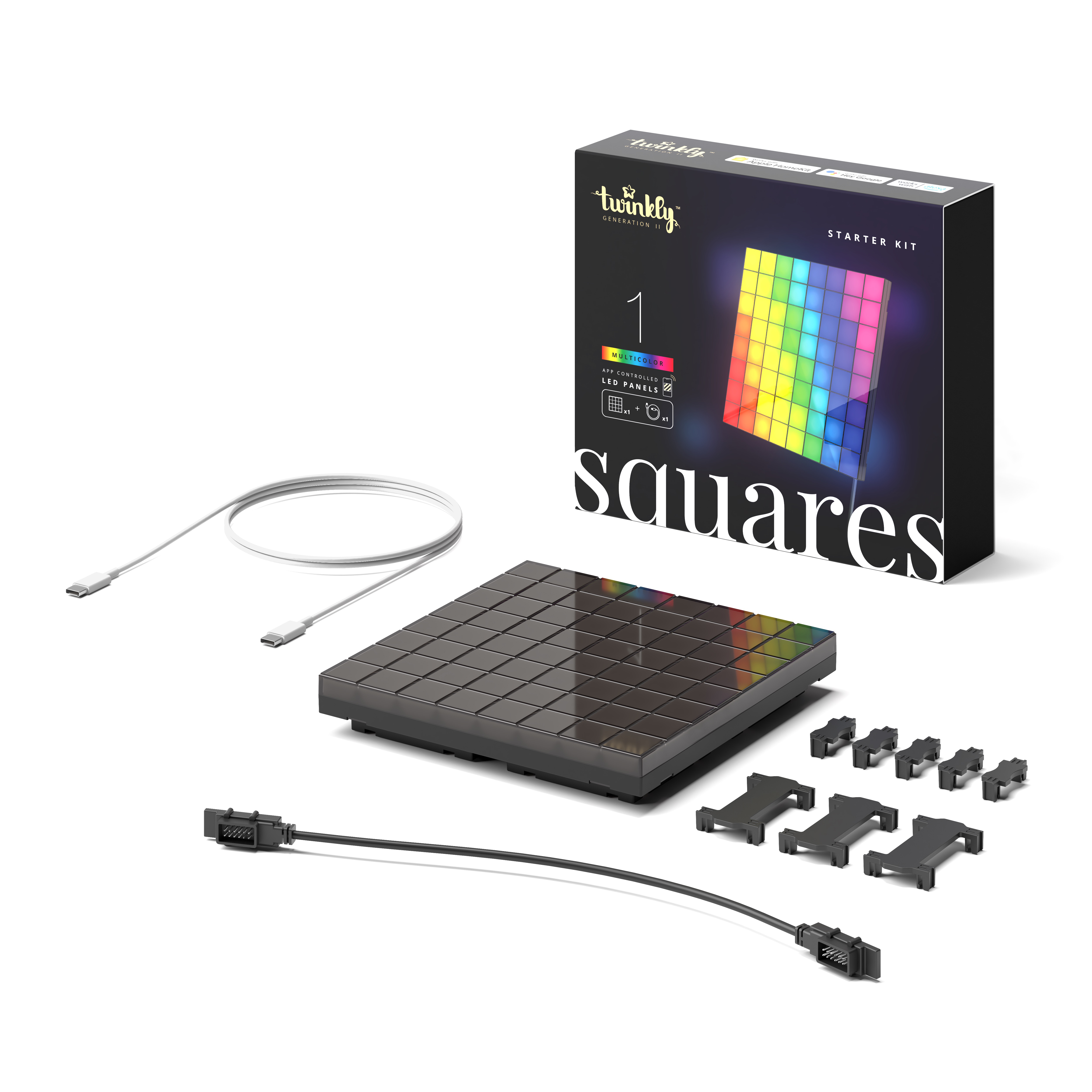 Un kit di partenza Twinkly Squares con una scatola, luci quadrate e accessori.