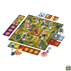 Brettspiel mit Rittern, einem Labyrinth, Karten und Würfeln. Figuren sind auf dem Brett.