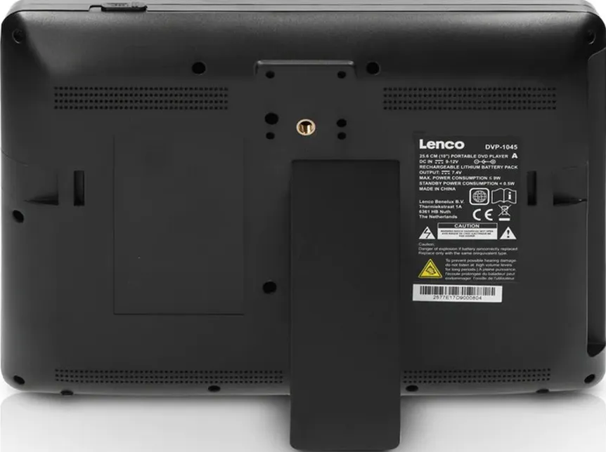 Retro di un lettore DVD portatile nero, con supporto e testo informativo.
