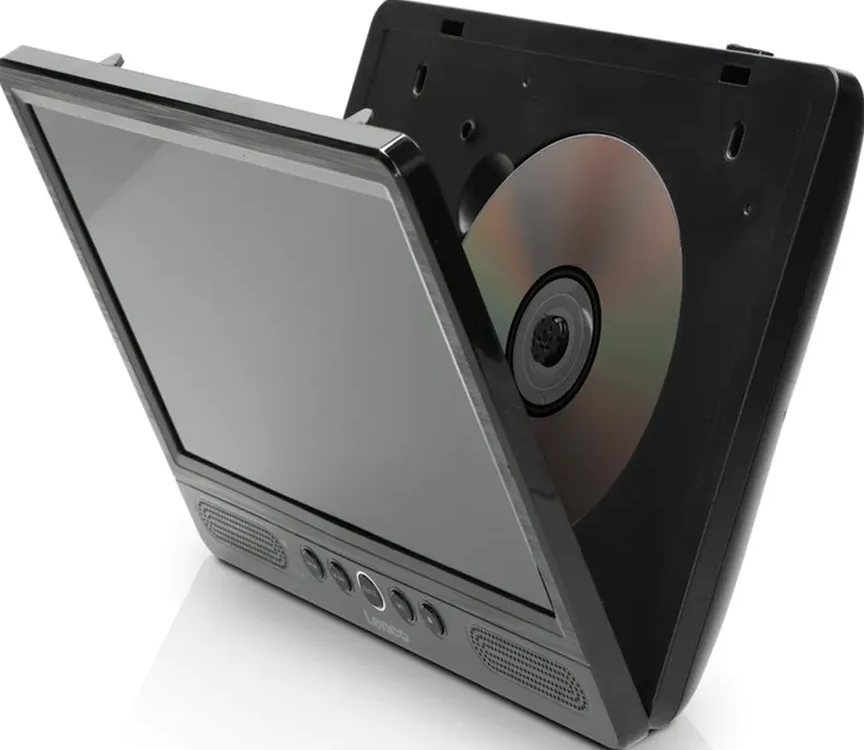 Un lettore DVD portatile, nero, aperto con un disco all'interno.