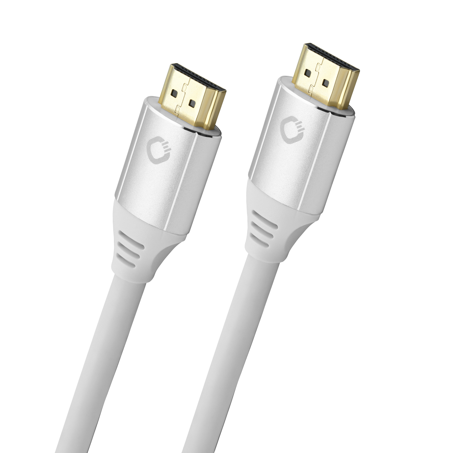 Twee witte HDMI-kabels met goudkleurige connectoren. Witte achtergrond.