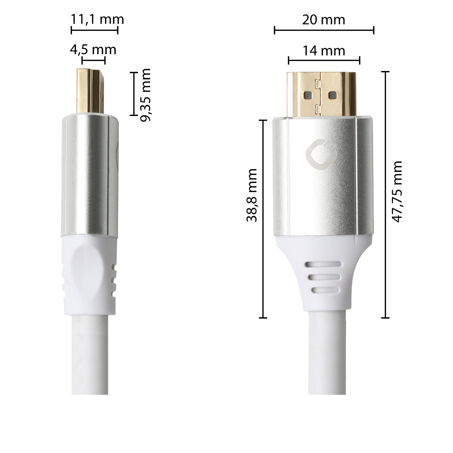 Twee HDMI-kabels, één zilveren en één gouden connector, met afmetingen aangegeven, witte achtergrond.