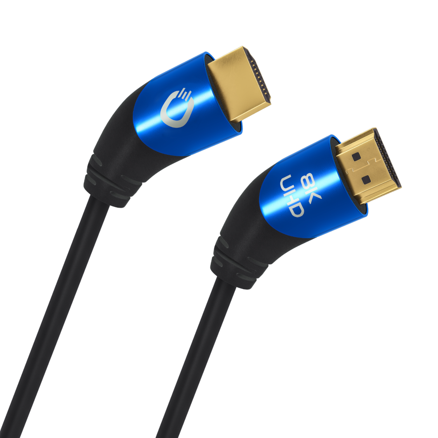 Twee blauwe HDMI-kabels met gouden connectoren. Zwarte achtergrond.