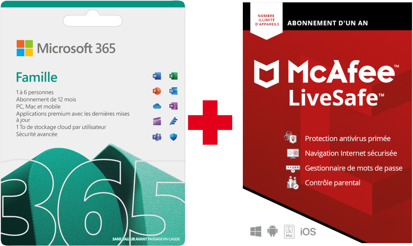 Microsoft 365 Famille FR 12 mois (+3 mois extra si acheté ensemble avec un laptop*) + McAfee LiveSafe Attach pour tous les appareils FR/NL