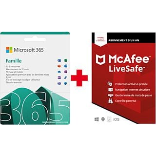 Microsoft 365 Famille FR 12 mois (+3 mois extra si acheté ensemble avec un laptop*) + McAfee LiveSafe Attach pour tous les appareils FR/NL
