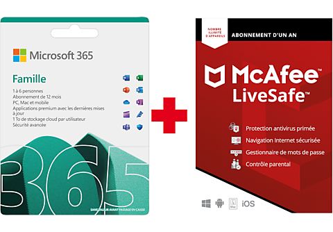 Microsoft 365 Family FR 12 maanden (+3 maanden extra bij aankoop van een laptop*) + McAfee LiveSafe Attach voor alle apparaten NL/FR